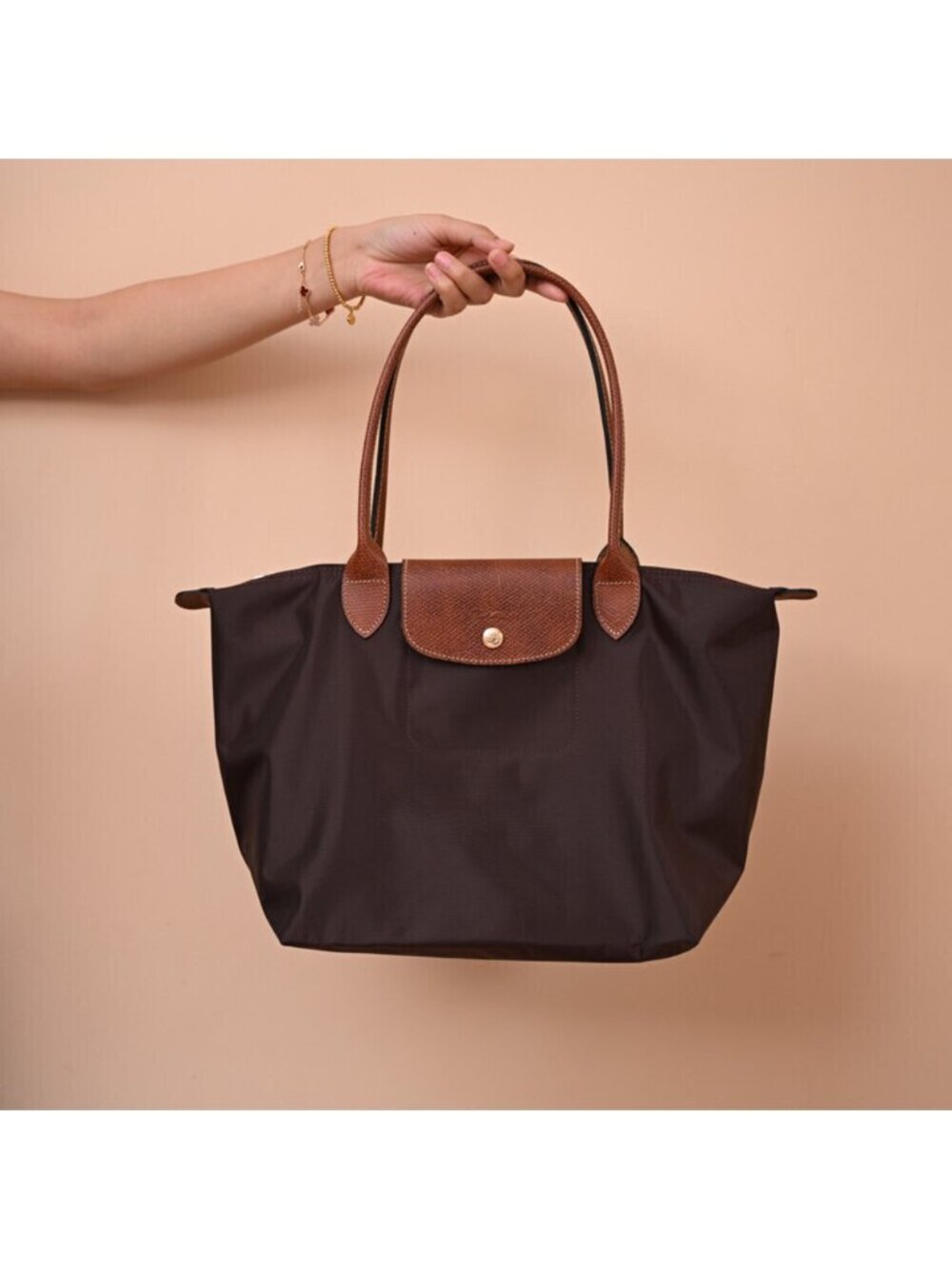 Longchamp Le Pliage Large Brown Nylon Long Handle Tote Bag